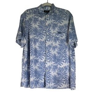 Tasso Elba Men's XL Silk Rayon Blue Floral Print Short Sleeve‎ Button Down Shirt